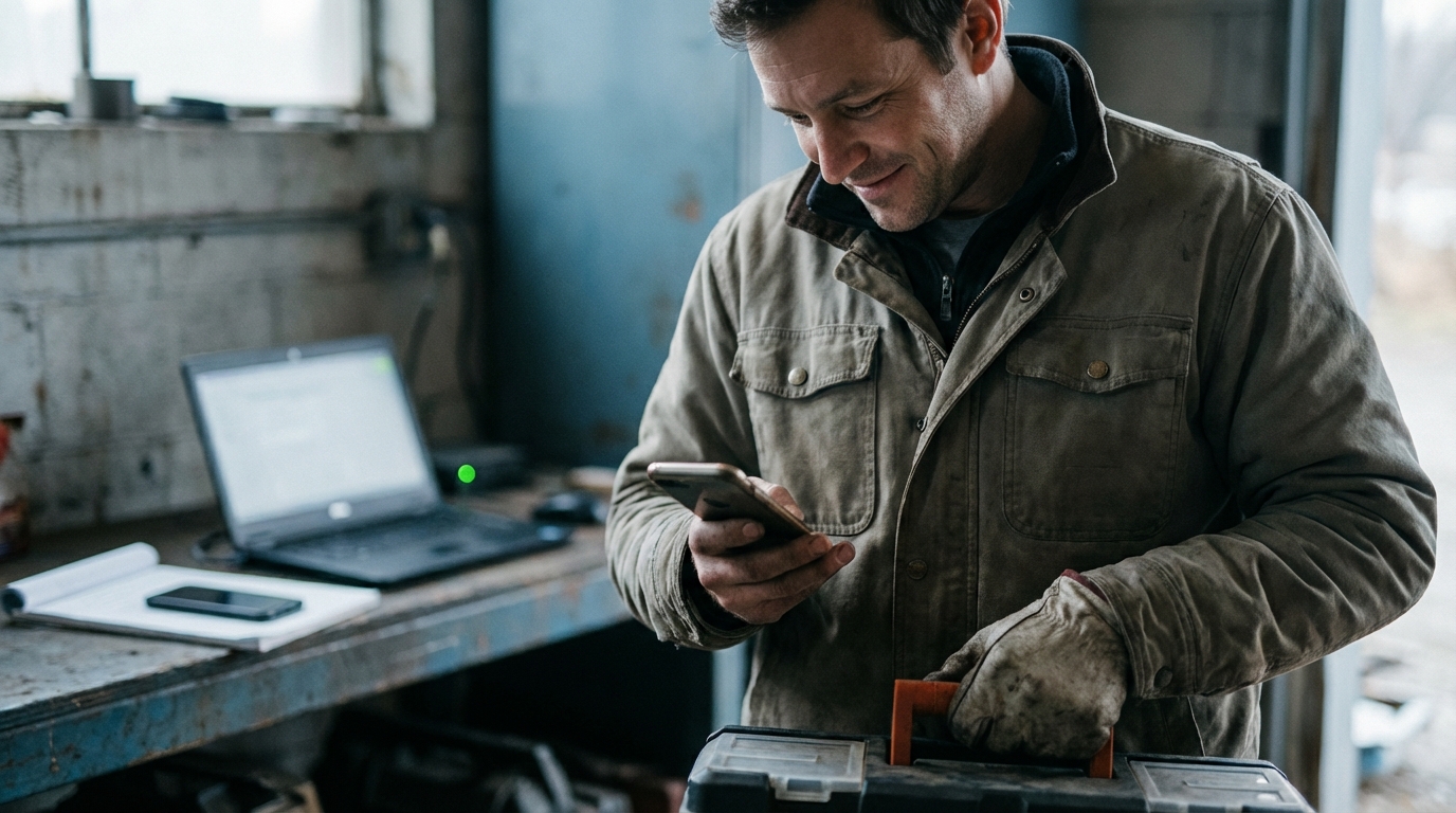 Small business owner on a job site receiving immediate lead follow-up alerts on phone