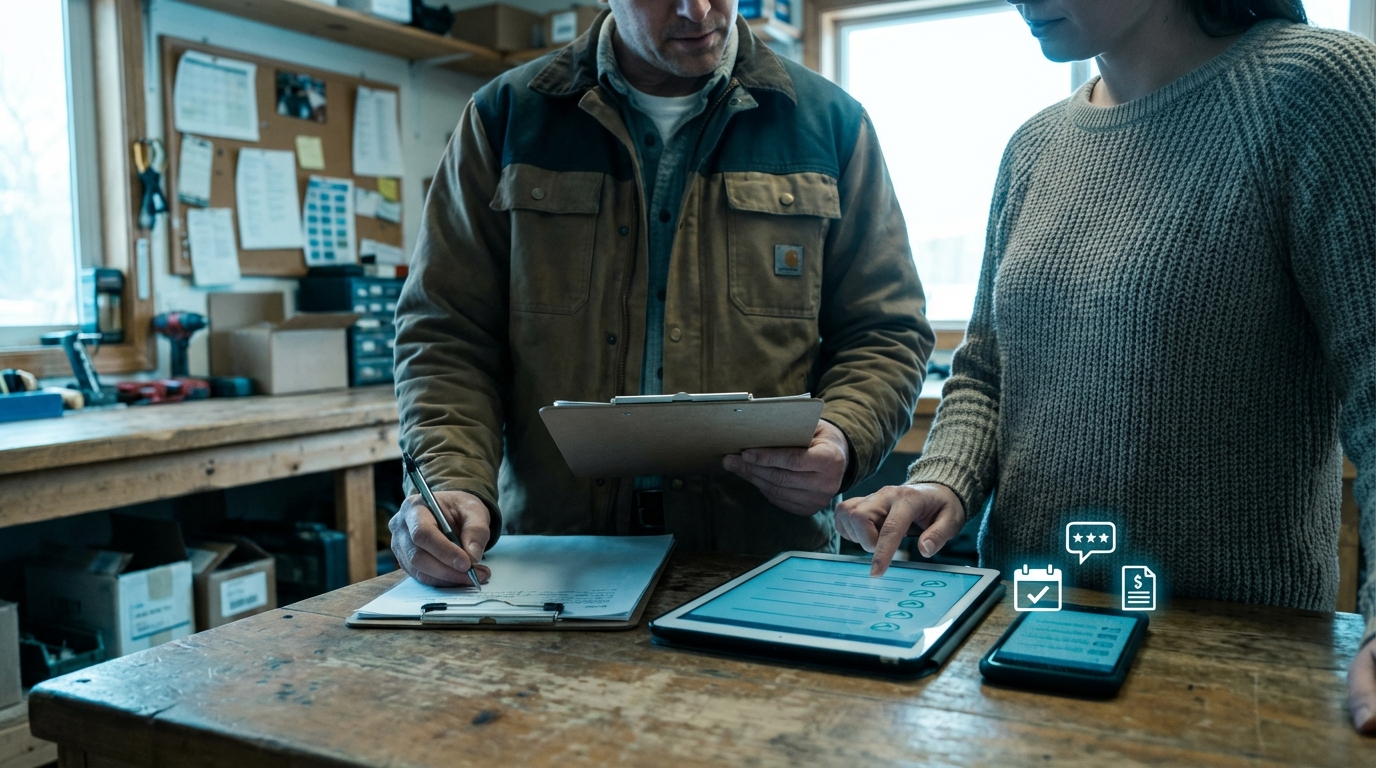 Small business team handling workflow tasks with phone, checklist, and tablet at a back office counter