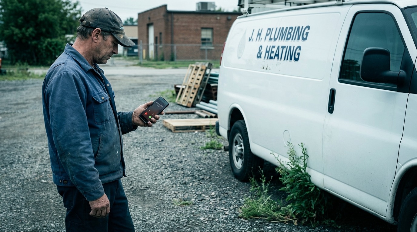 Small business owner standing outside a work van checking his phone