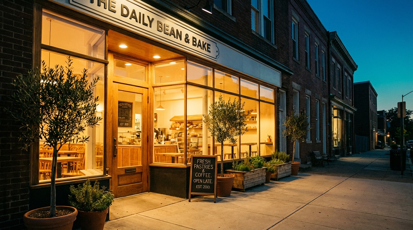 A warm, inviting small business storefront glowing at twilight