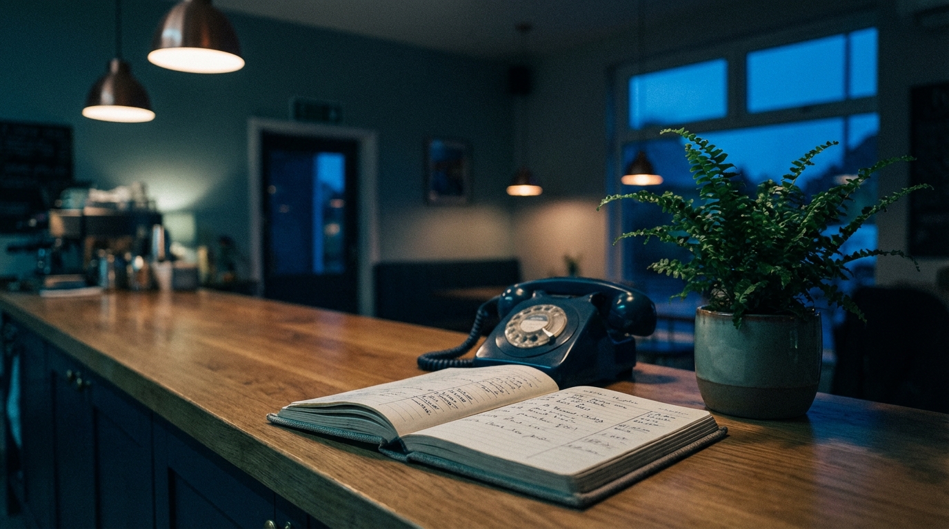 Phone and appointment notebook on a small business counter at dusk