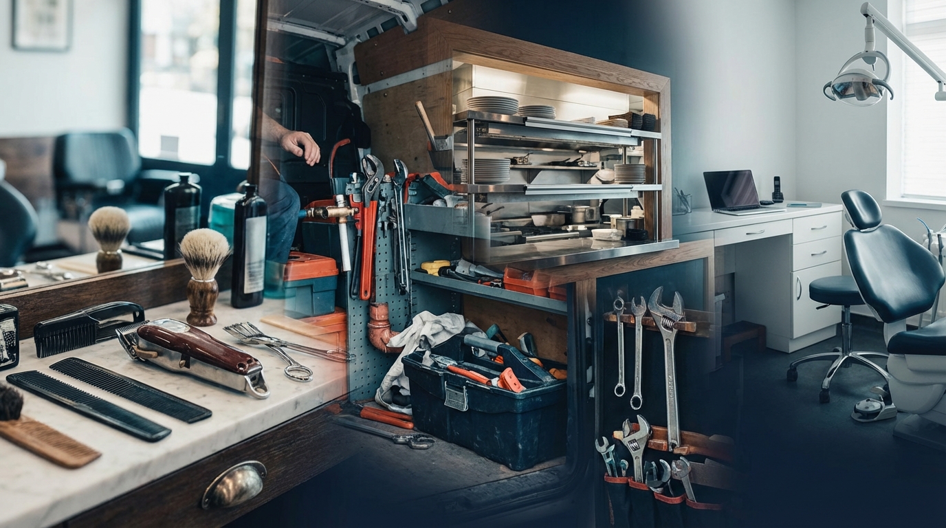 Small business workspaces — barbershop, tools, kitchen, dental office