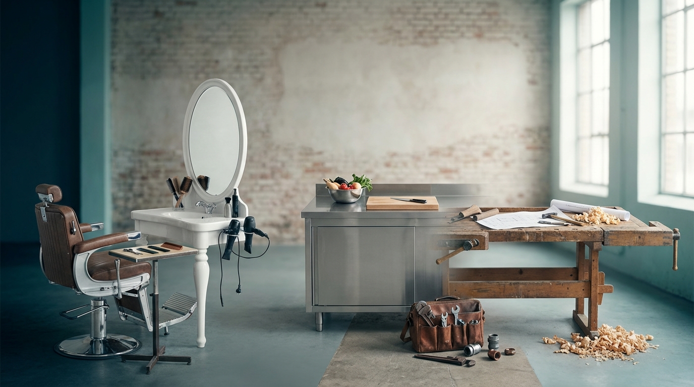Small business workspaces — barbershop chair, plumber toolkit, restaurant counter, salon station, contractor workbench