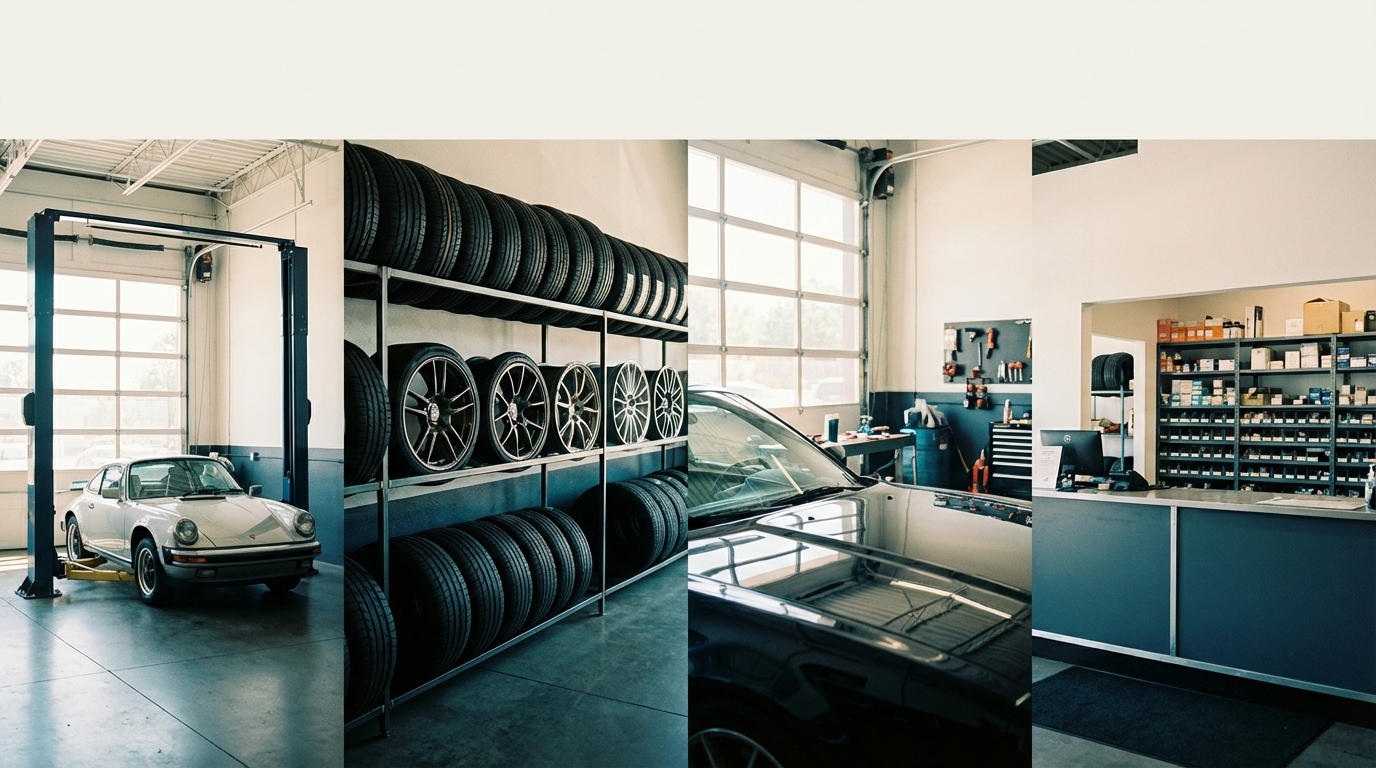 Automotive workspaces — repair bay with car on lift, tire display, detailing station, parts counter