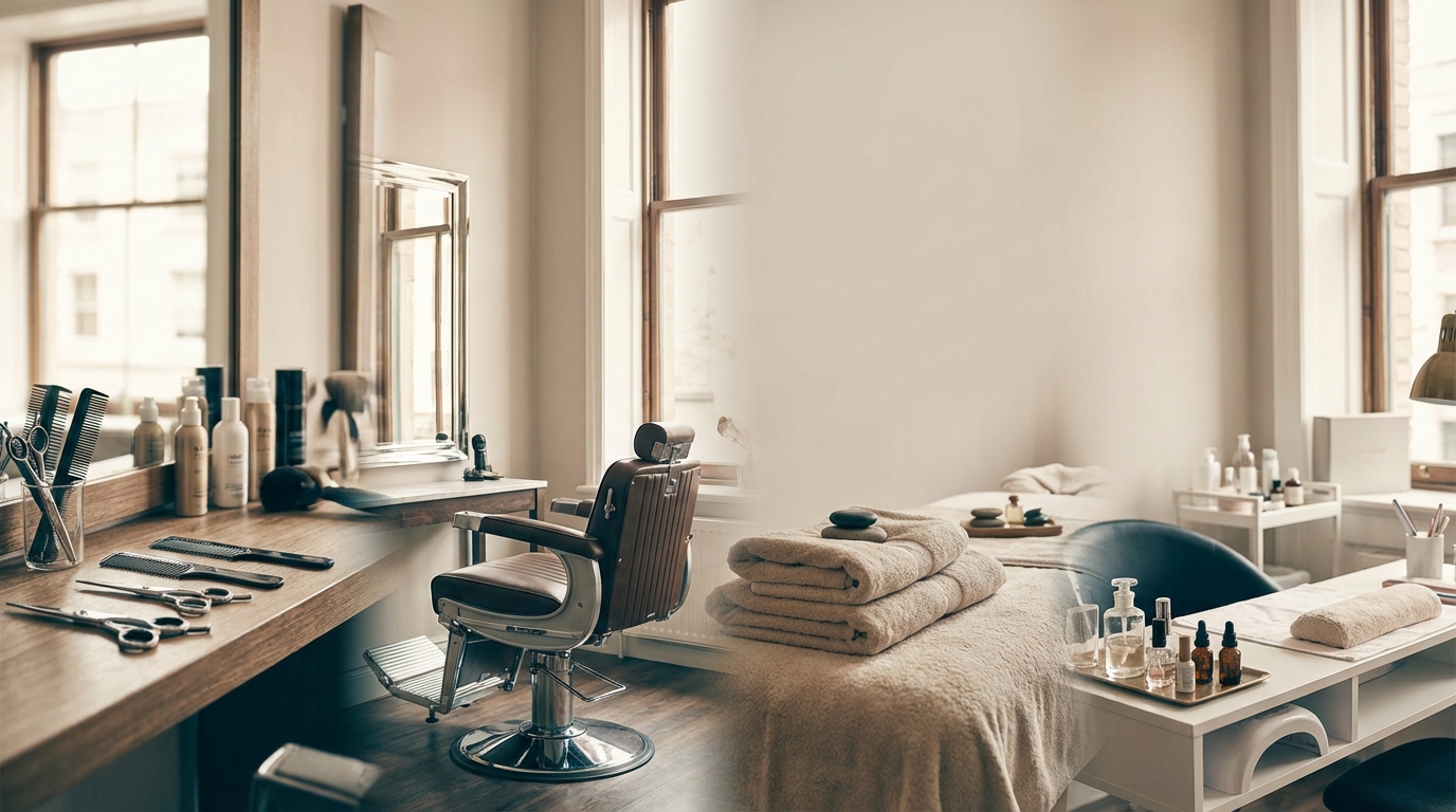 Beauty workspaces — salon styling station, barber chair, spa treatment table, nail workspace