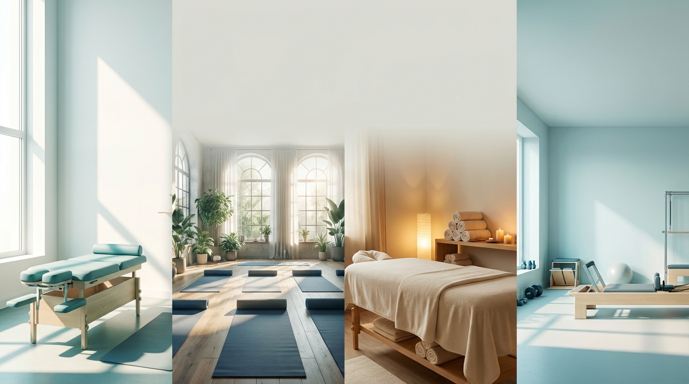 Wellness spaces — chiropractic table, yoga studio, massage therapy room, fitness studio