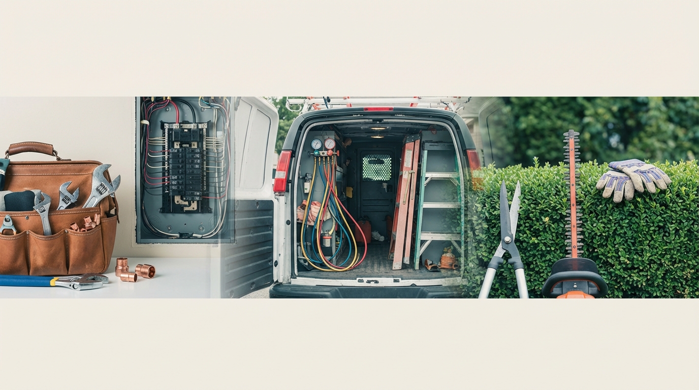 Home service workspaces — plumber tool bag, electrical panel, HVAC van, landscaping tools