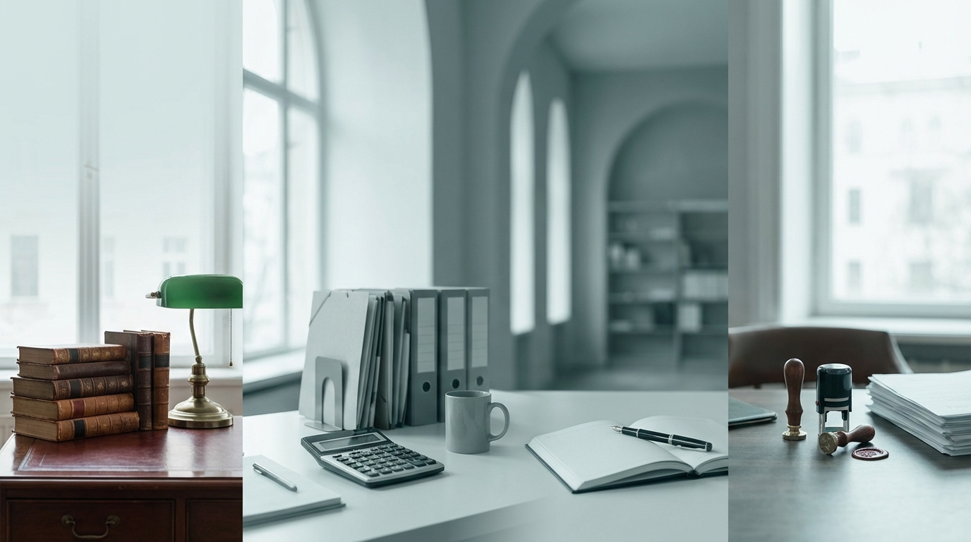 Professional workspaces — law office books, accountant desk, consultant meeting table, notary stamps