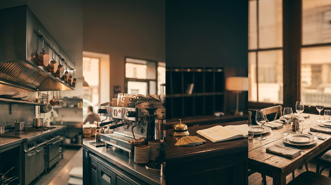 Hospitality spaces — commercial kitchen, cafe espresso counter, hotel front desk, dining table